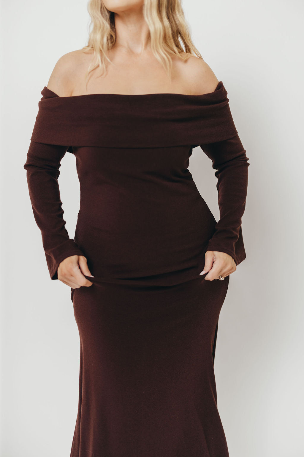 Monroe Maxi Dress with Long Sleeves in Chocolate Brown- Bump Friendly