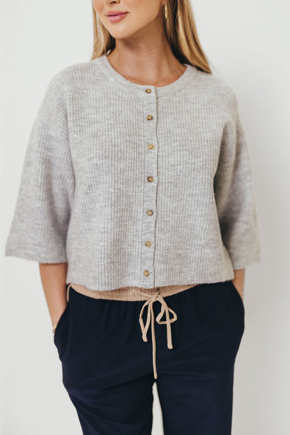 Caroline Button Down 3/4 Sleeve Sweater Cardigan in Heather Grey