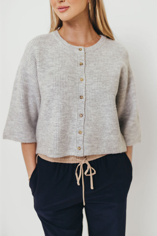 Caroline Button Down 3/4 Sleeve Sweater Cardigan in Heather Grey