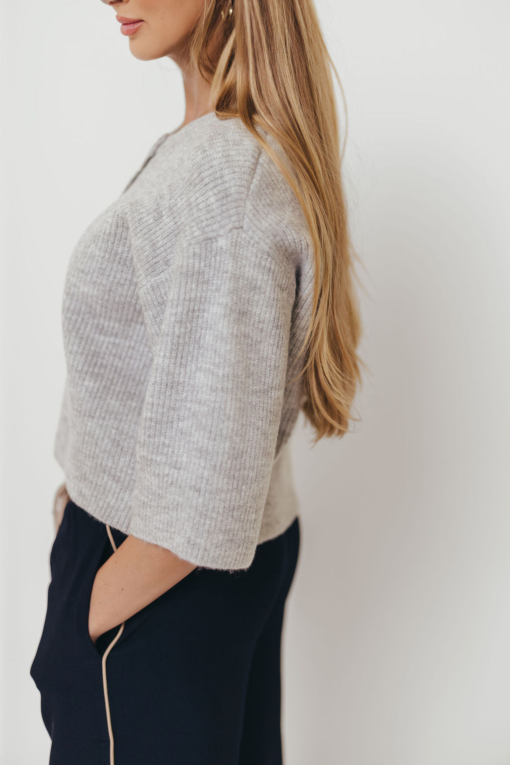Caroline Button Down 3/4 Sleeve Sweater Cardigan in Heather Grey