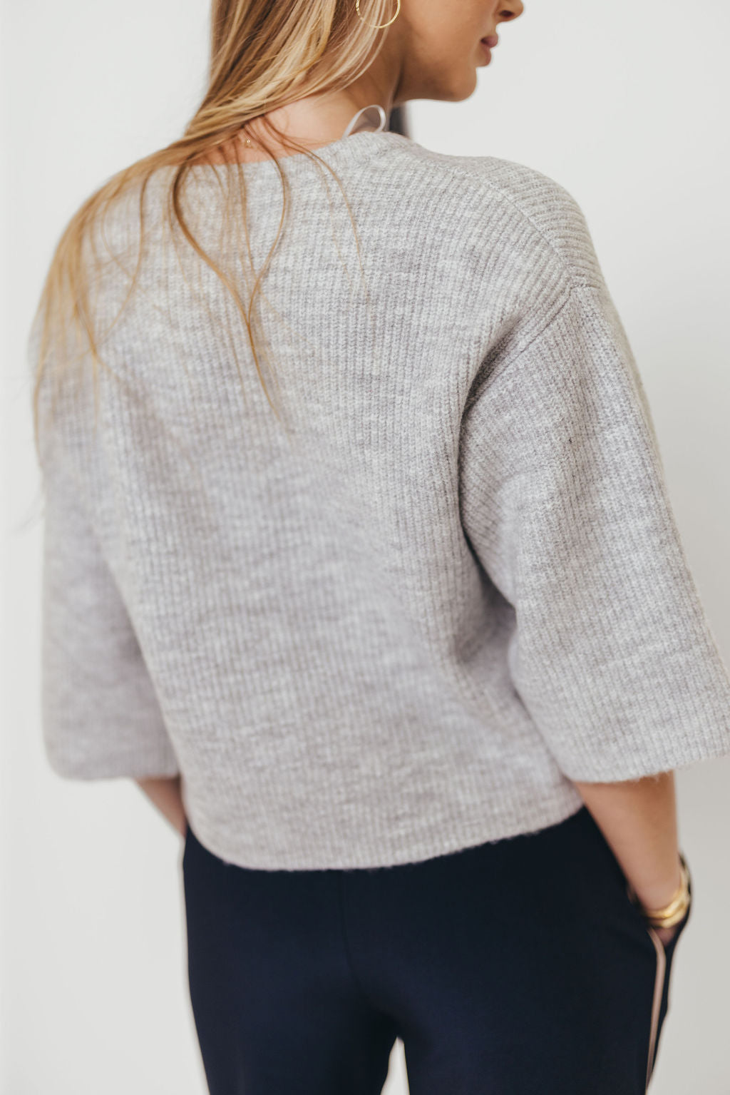 Caroline Button Down 3/4 Sleeve Sweater Cardigan in Heather Grey
