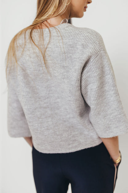 Caroline Button Down 3/4 Sleeve Sweater Cardigan in Heather Grey