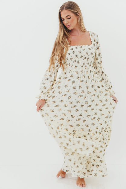 Emerson 100% Cotton Smocked Maxi Dress with Long Sleeves in Off White - Bump Friendly