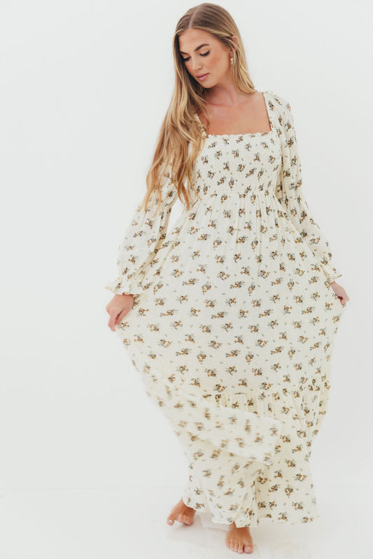 Emerson 100% Cotton Smocked Maxi Dress with Long Sleeves in Off White - Bump Friendly