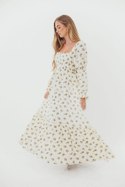Emerson 100% Cotton Smocked Maxi Dress with Long Sleeves in Off White - Bump Friendly