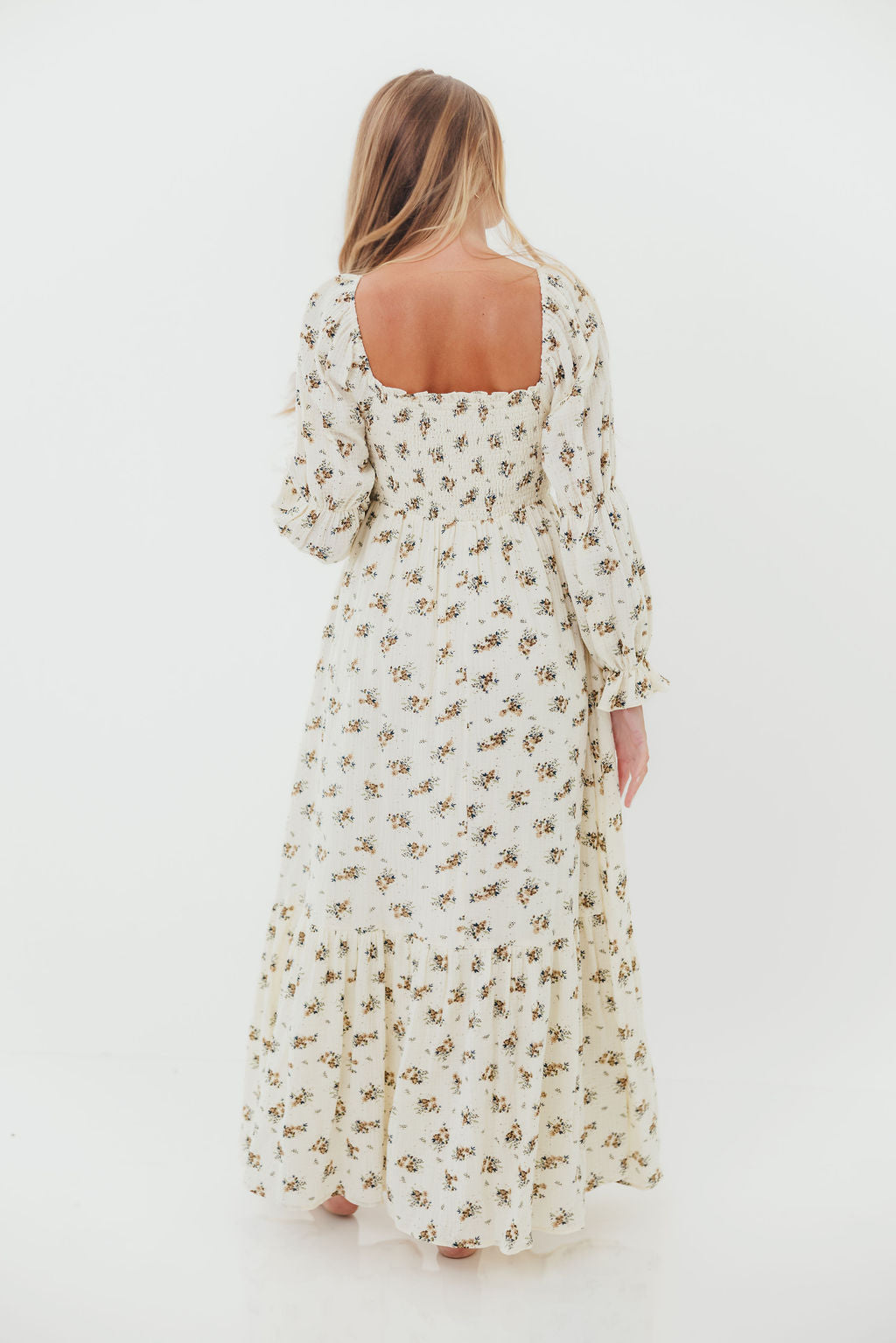 Emerson 100% Cotton Smocked Maxi Dress with Long Sleeves in Off White - Bump Friendly