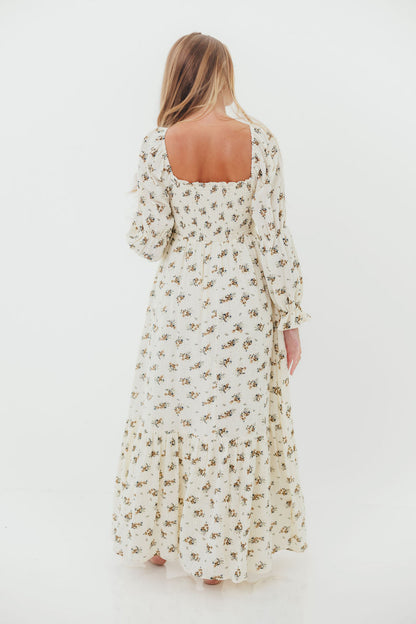 Emerson 100% Cotton Smocked Maxi Dress with Long Sleeves in Off White - Bump Friendly
