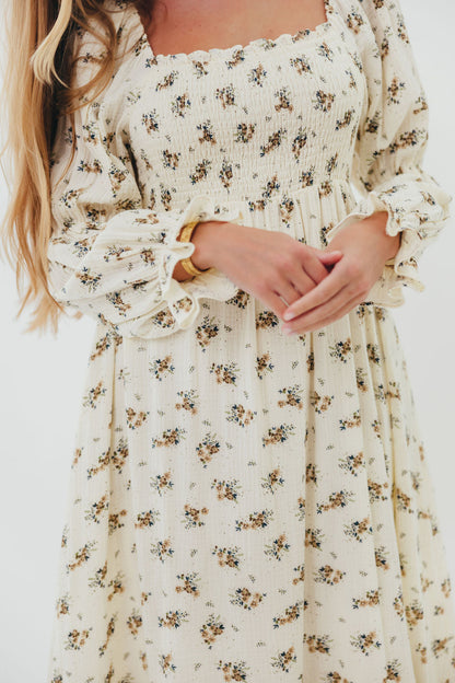 Emerson 100% Cotton Smocked Maxi Dress with Long Sleeves in Off White - Bump Friendly