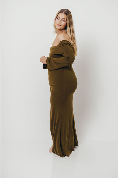 Monroe Maxi Dress with Long Sleeves in Olive Green- Bump Friendly