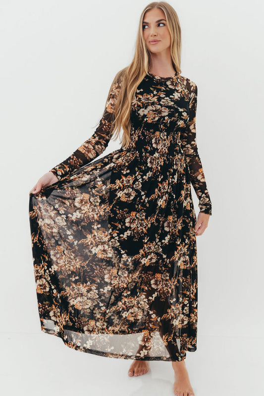 Tori Floral Mesh Long Sleeve Midi Dress in Black