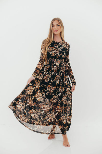 Tori Floral Mesh Long Sleeve Midi Dress in Black