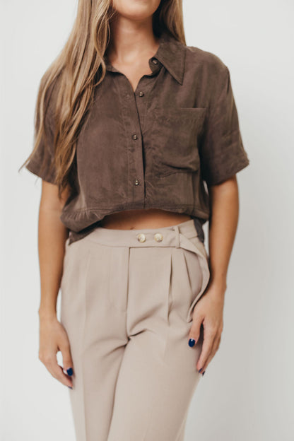 Luca Woven Modal Short Sleeve Button Up Top in Espresso