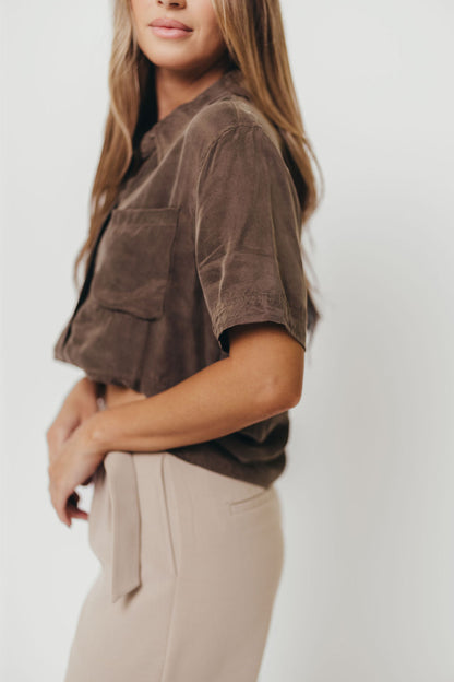 Luca Woven Modal Short Sleeve Button Up Top in Espresso
