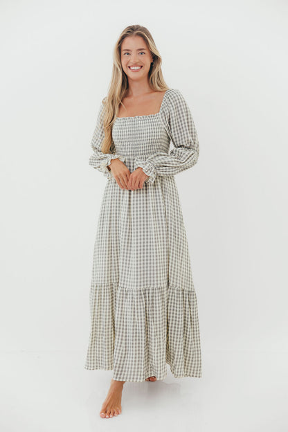 Emerson 100% Cotton Smocked Maxi Dress with Long Sleeves in Gray Sky - Bump Friendly - Restocking in Nov
