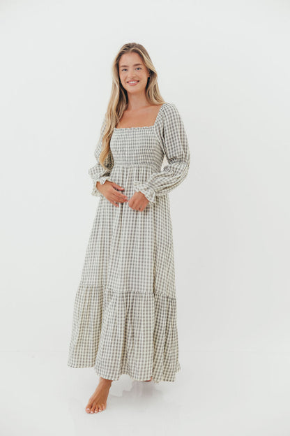 Emerson 100% Cotton Smocked Maxi Dress with Long Sleeves in Gray Sky - Bump Friendly - Restocking in Nov