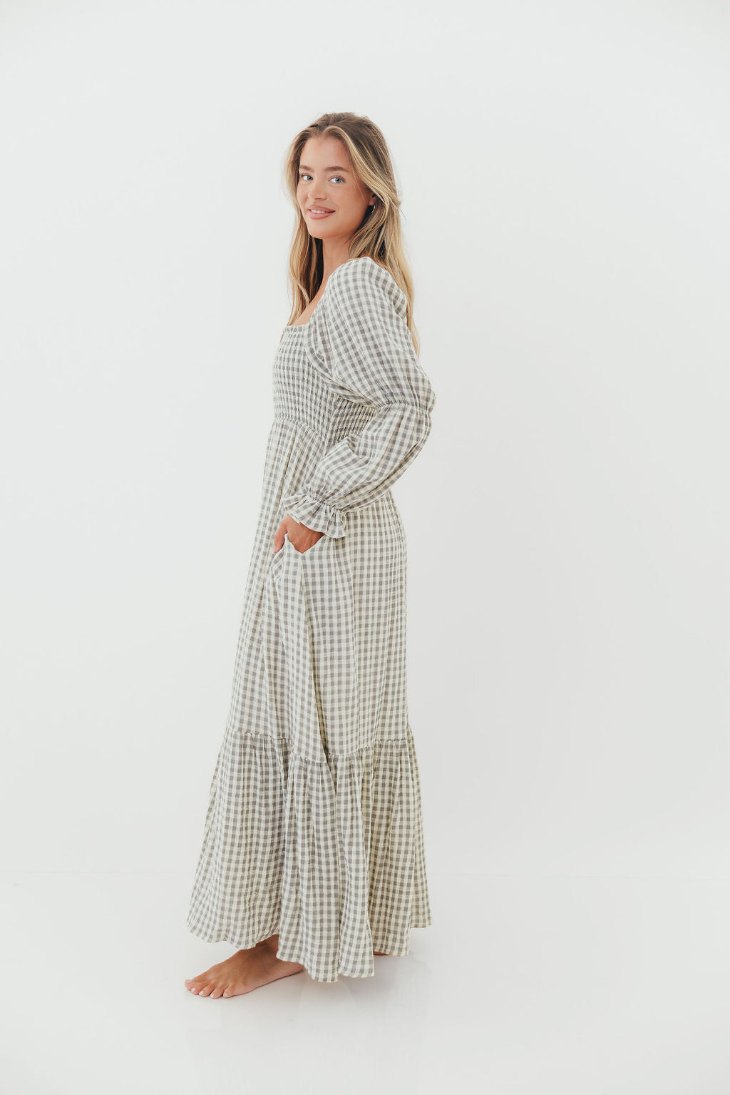Emerson 100% Cotton Smocked Maxi Dress with Long Sleeves in Gray Sky - Bump Friendly - Restocking in Nov