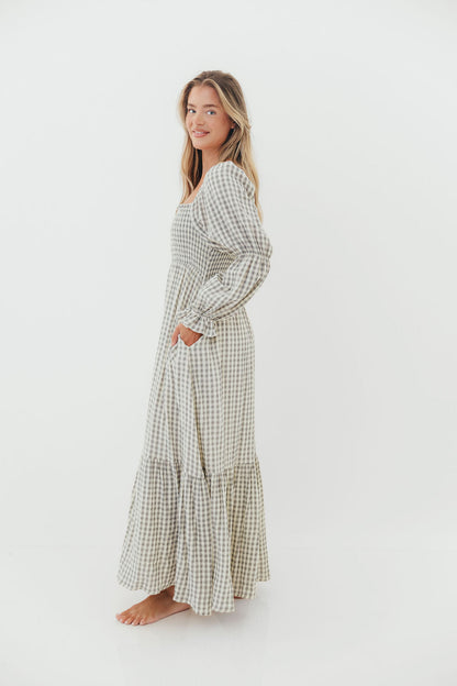 Emerson 100% Cotton Smocked Maxi Dress with Long Sleeves in Gray Sky - Bump Friendly - Restocking in Nov
