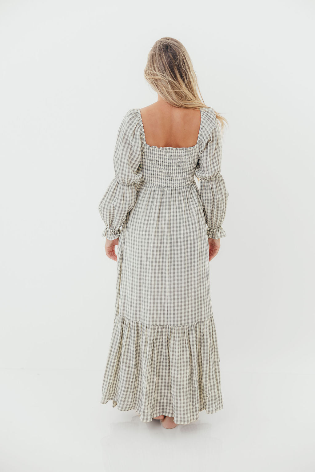 Emerson 100% Cotton Smocked Maxi Dress with Long Sleeves in Gray Sky - Bump Friendly - Restocking in Nov