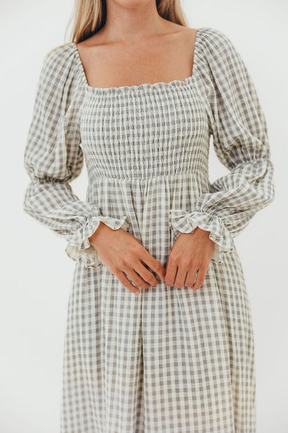 Emerson 100% Cotton Smocked Maxi Dress with Long Sleeves in Gray Sky - Bump Friendly - Restocking in Nov