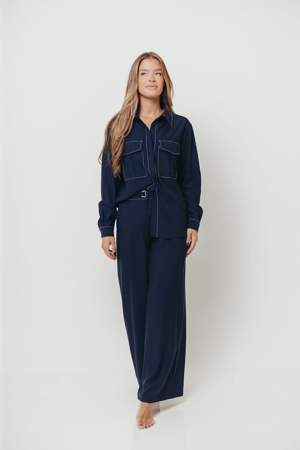 Judy Contrast Stitch Button Down Shirt in Midnight Blue