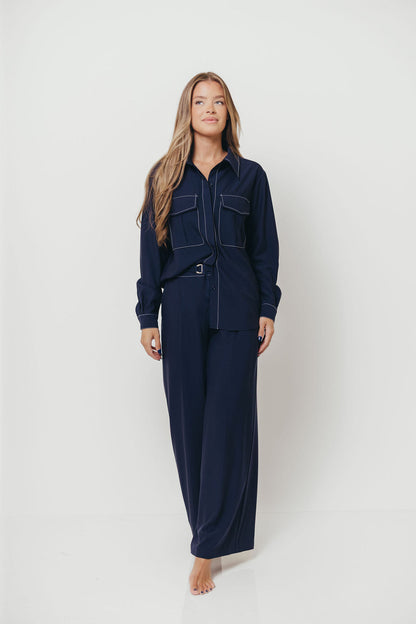 Judy Contrast Stitch Button Down Shirt in Midnight Blue