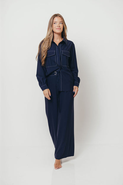 Judy Contrast Stitch Button Down Shirt in Midnight Blue