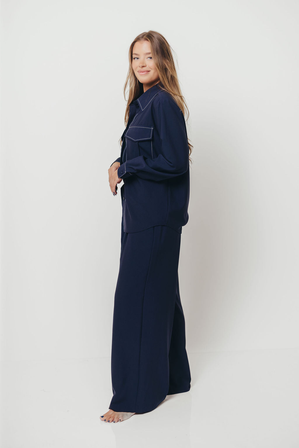 Greer Contrast Stitch Belted Trousers in Midnight Blue