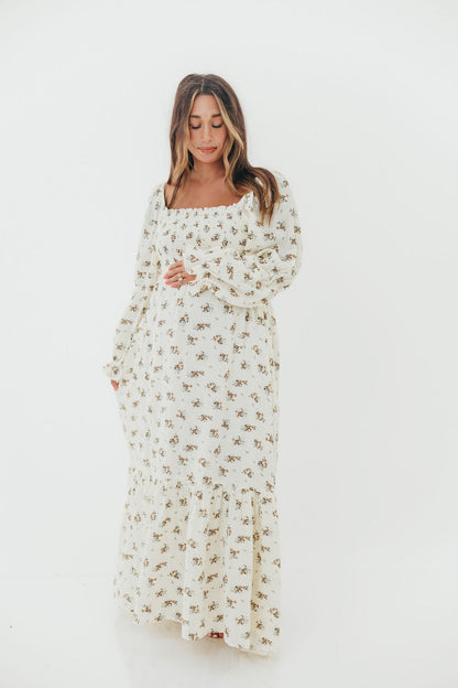 Emerson 100% Cotton Smocked Maxi Dress with Long Sleeves in Off White - Bump Friendly