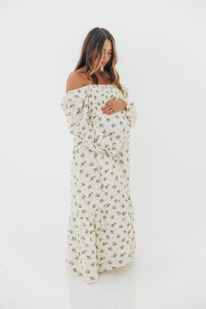 Emerson 100% Cotton Smocked Maxi Dress with Long Sleeves in Off White - Bump Friendly