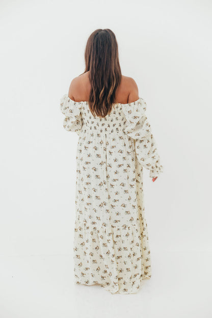 Emerson 100% Cotton Smocked Maxi Dress with Long Sleeves in Off White - Bump Friendly