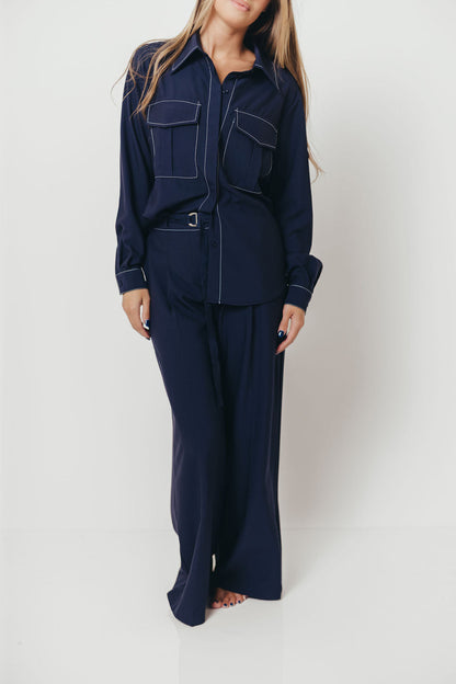 Greer Contrast Stitch Belted Trousers in Midnight Blue
