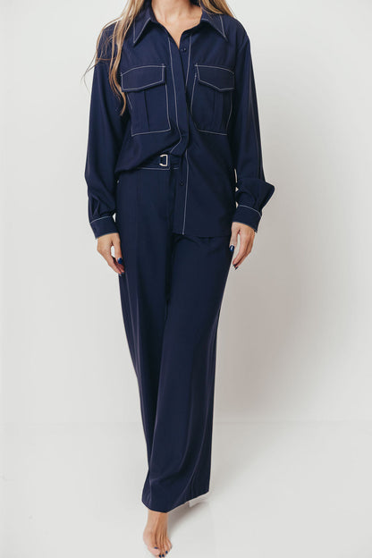Judy Contrast Stitch Button Down Shirt in Midnight Blue
