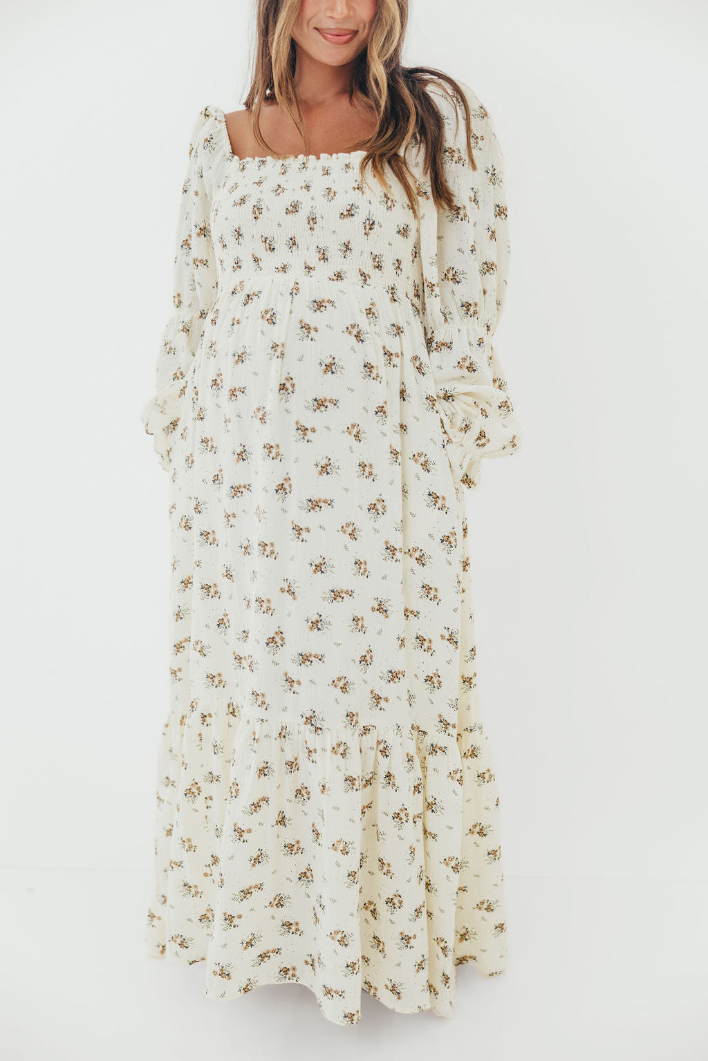 Emerson 100% Cotton Smocked Maxi Dress with Long Sleeves in Off White - Bump Friendly
