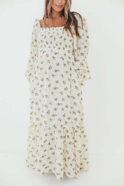 Emerson 100% Cotton Smocked Maxi Dress with Long Sleeves in Off White - Bump Friendly