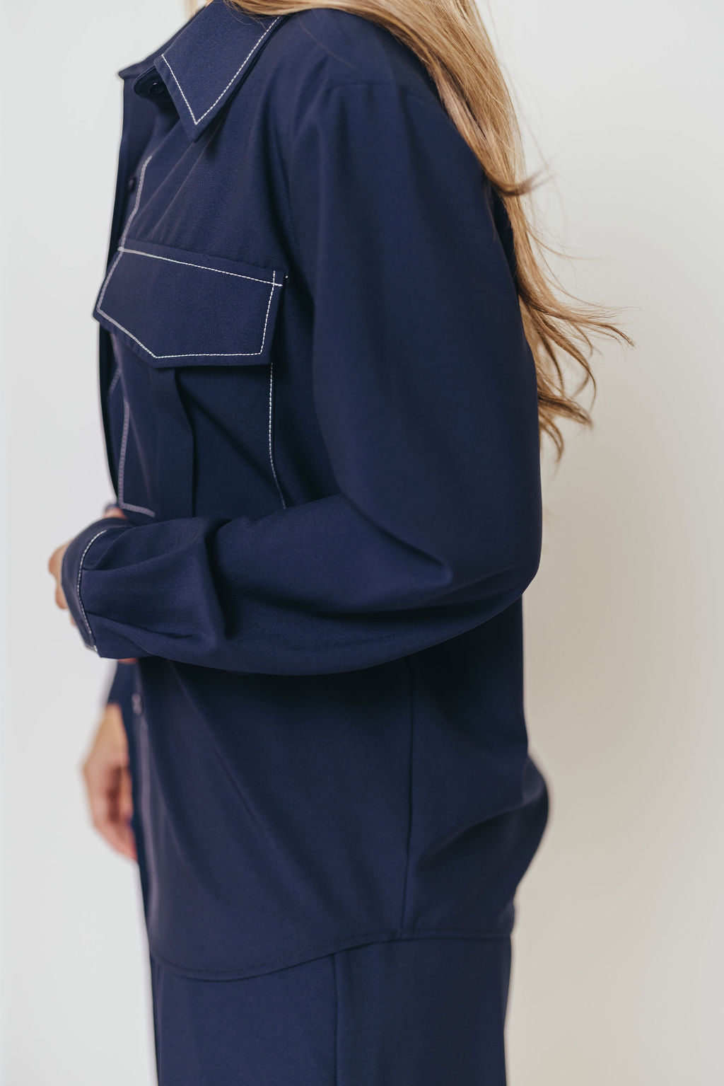Judy Contrast Stitch Button Down Shirt in Midnight Blue
