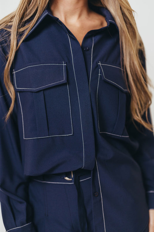 Judy Contrast Stitch Button Down Shirt in Midnight Blue