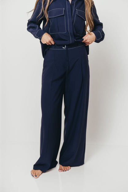 Greer Contrast Stitch Belted Trousers in Midnight Blue