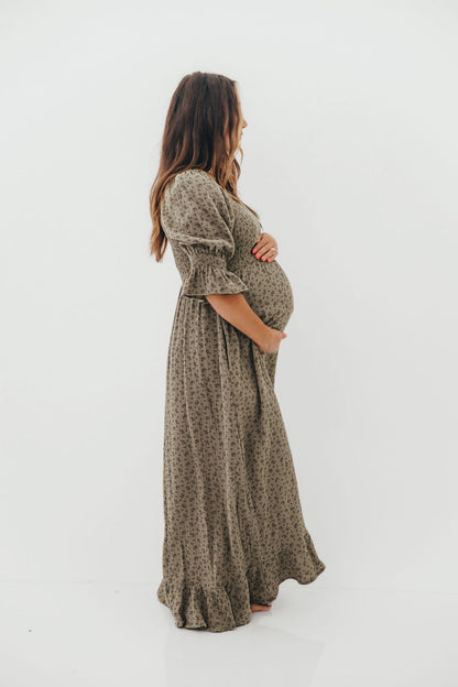 Sienna 100% Cotton Puff Sleeve Maxi Dress in Olive Foliage - Bump Friendly *9/26 PRE-ORDER*