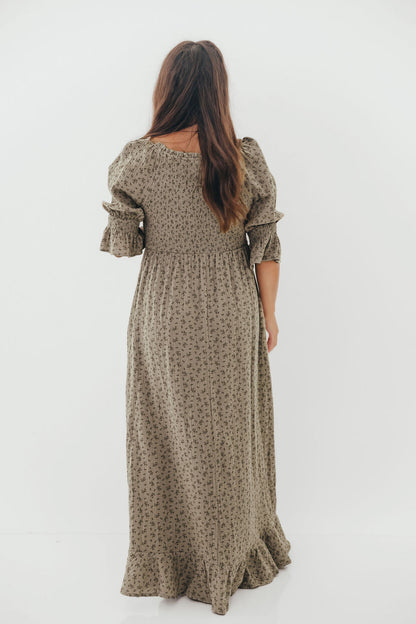 Sienna 100% Cotton Puff Sleeve Maxi Dress in Olive Foliage - Bump Friendly *9/26 PRE-ORDER*