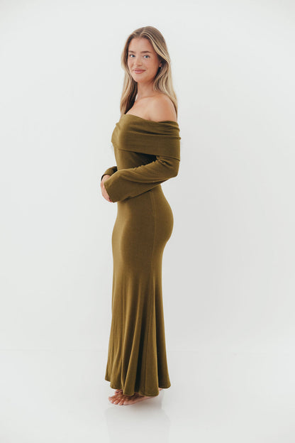 Monroe Maxi Dress with Long Sleeves in Olive Green- Bump Friendly