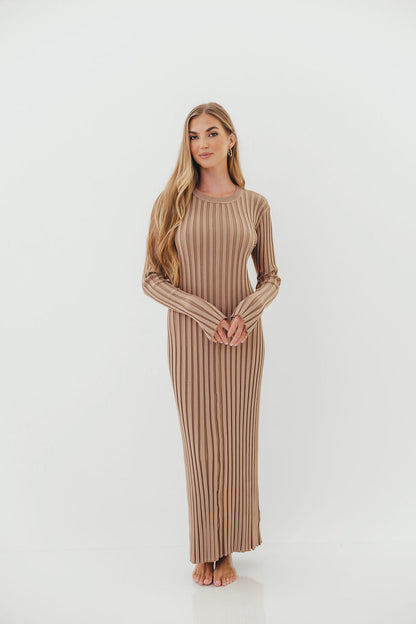 Colette Premium Long Sleeved Ribbed Knit Maxi Dress in Dark Natural - Bump Friendly