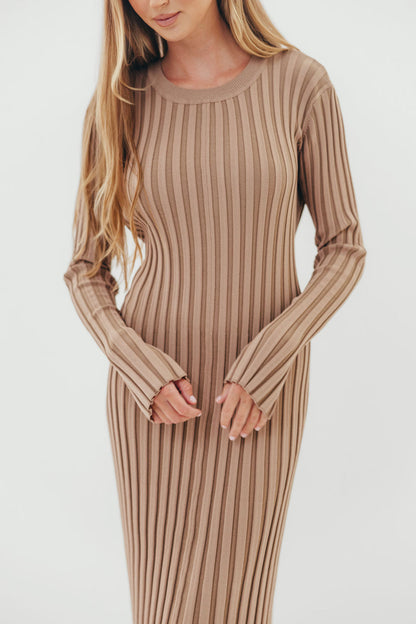 Colette Premium Long Sleeved Ribbed Knit Maxi Dress in Dark Natural - Bump Friendly