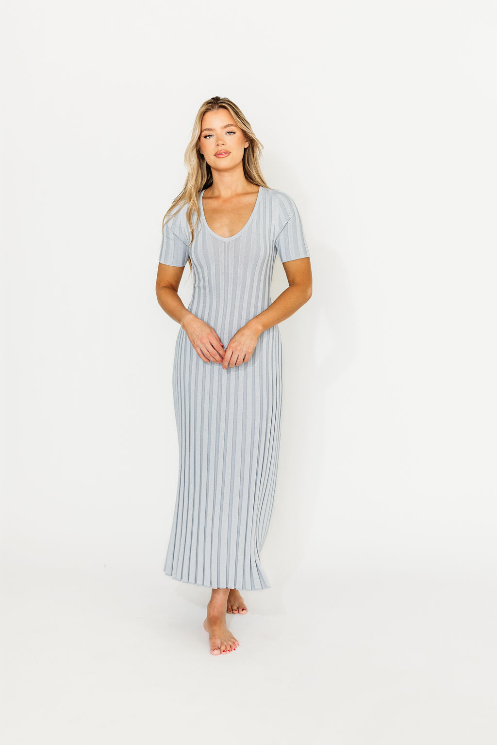 Oakley Ribbed Maxi Dress in Light Blue - Bump Friendly