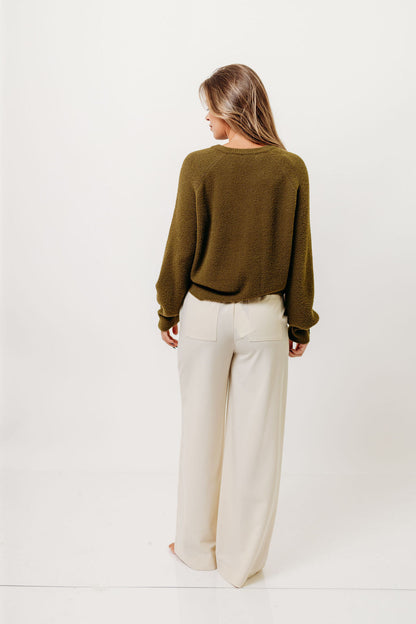 Andrea Fuzzy Ribbed Knit Cardigan Top in Olive