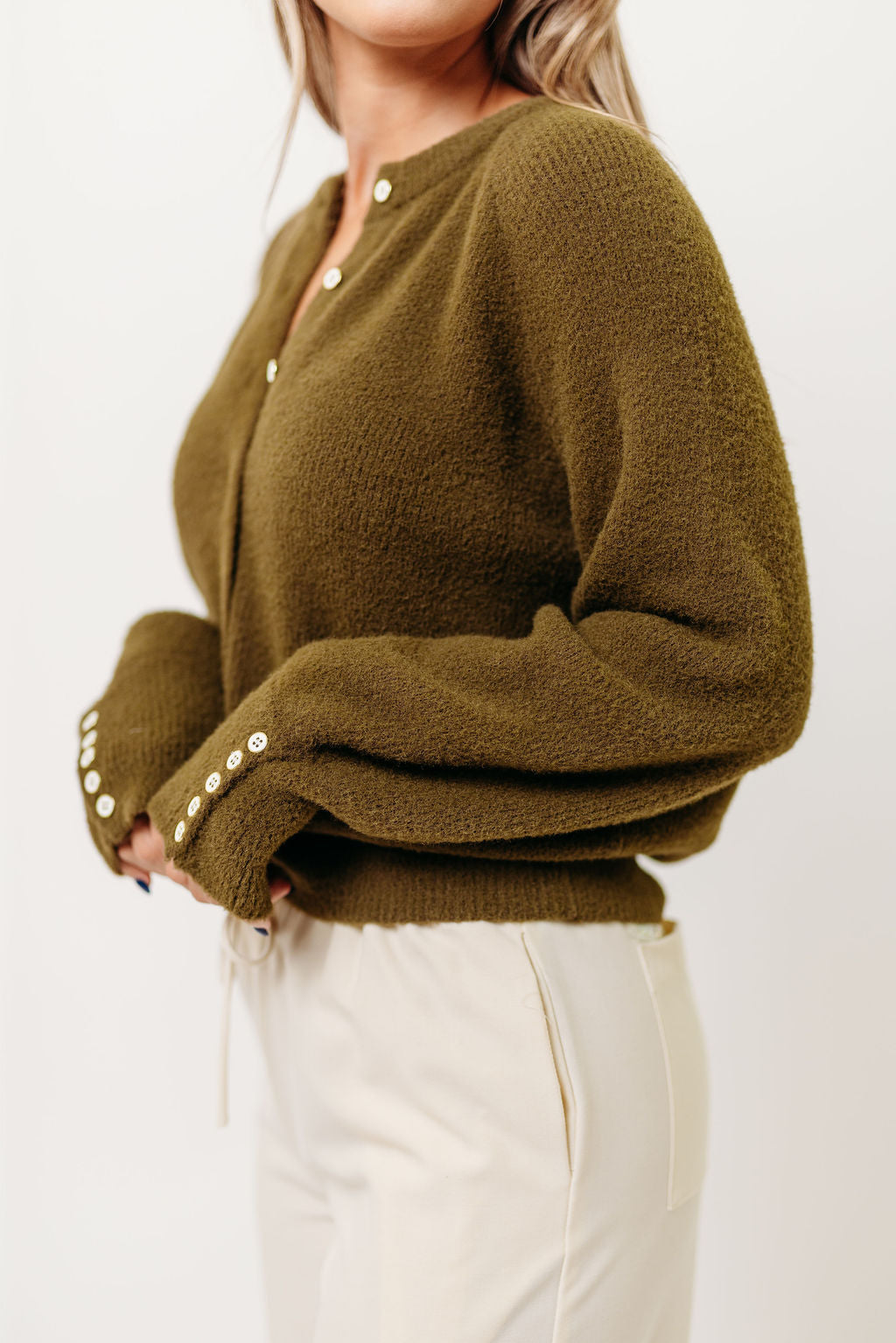 Andrea Fuzzy Ribbed Knit Cardigan Top in Olive
