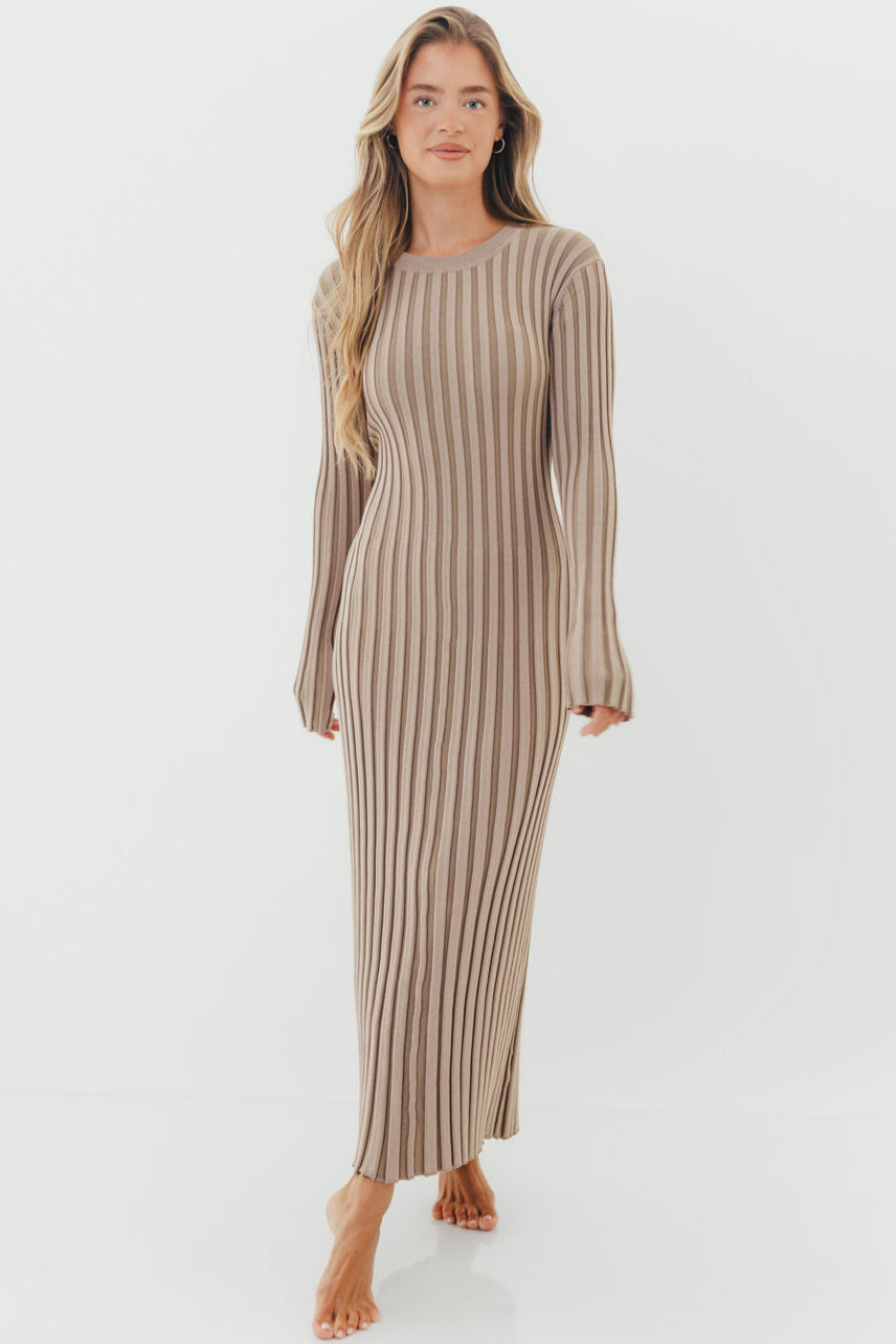 Colette Premium Long Sleeved Ribbed Knit Maxi Dress in Stone - Bump Friendly