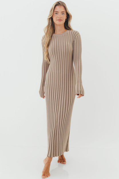 Colette Premium Long Sleeved Ribbed Knit Maxi Dress in Stone - Bump Friendly