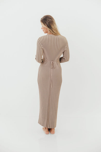 Colette Premium Long Sleeved Ribbed Knit Maxi Dress in Stone - Bump Friendly