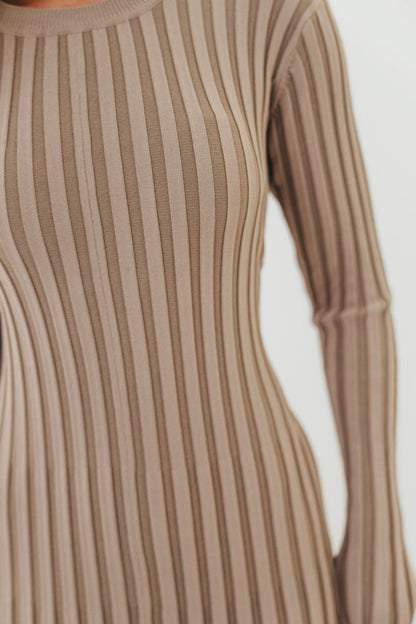 Colette Premium Long Sleeved Ribbed Knit Maxi Dress in Stone - Bump Friendly