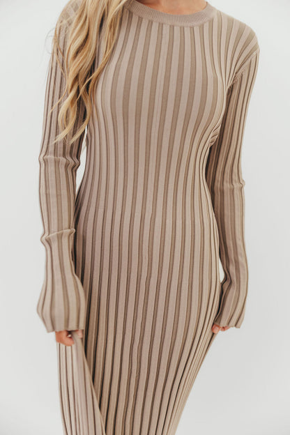 Colette Premium Long Sleeved Ribbed Knit Maxi Dress in Stone - Bump Friendly